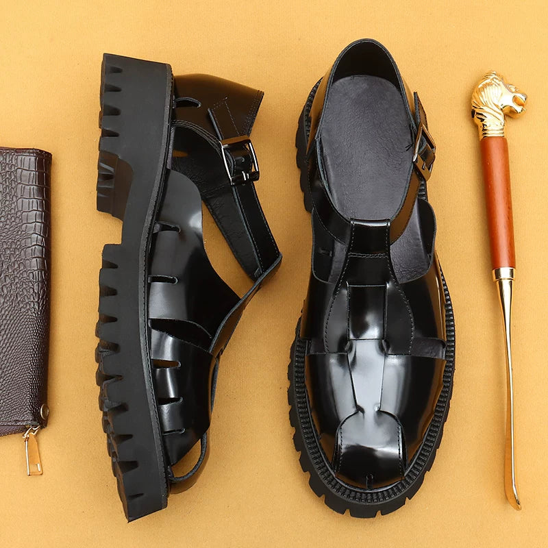 Men's Genuine Leather Sandals, Height Increasing, Thick Sole