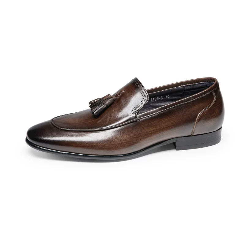 Men's Brown Genuine Leather Loafers, Slip-On, British Style