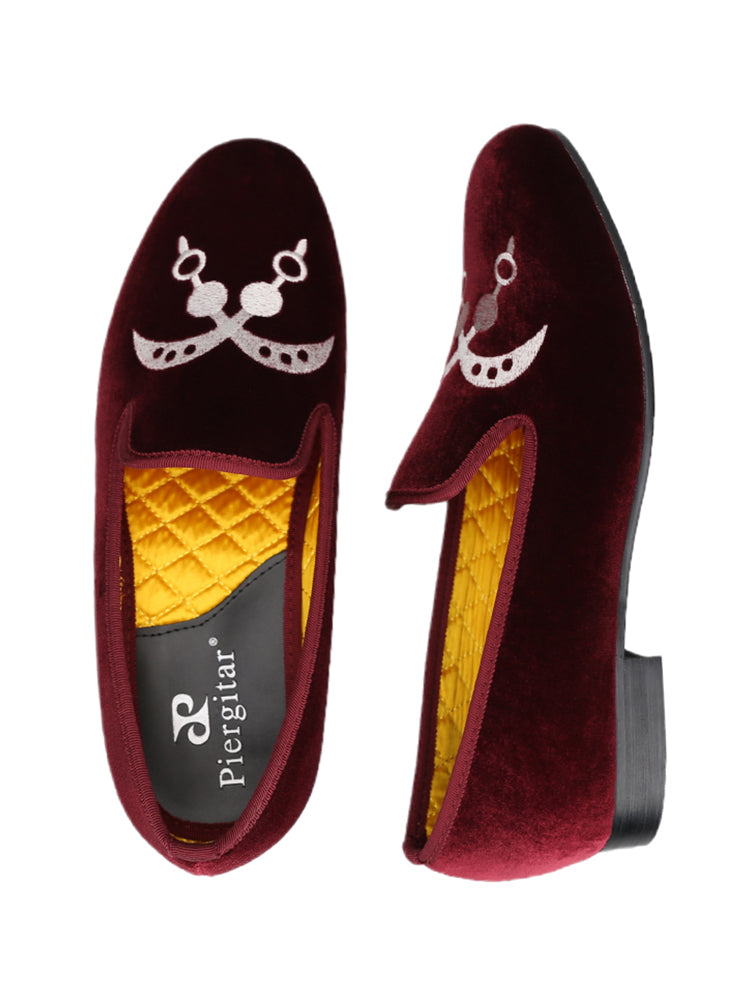 European and American style imported burgundy red silk velvet smoking shoes wedding party formal wear with embroidered loafers for men