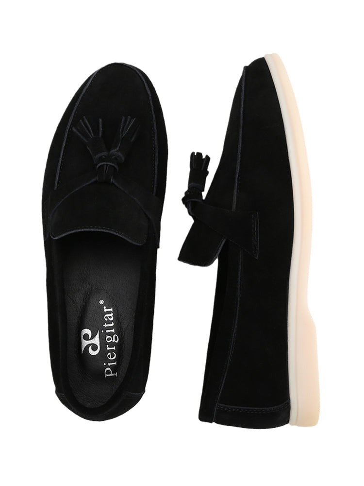 Luxury trendy big brand same style black nubuck leather first layer cowhide men's fashion shoes classic tassel style dad shoes for men