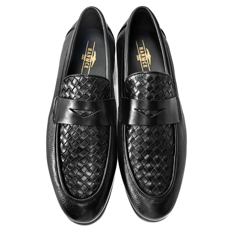 Men's Black Genuine Leather Loafers, Slip-On, Woven