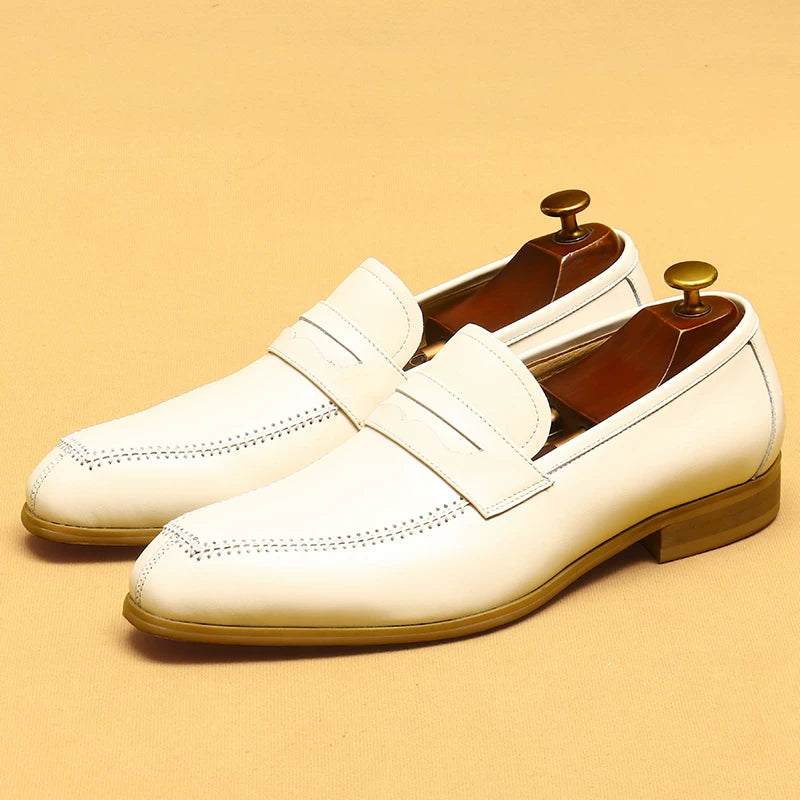 Men's White Genuine Leather Loafers, Slip-On, Business
