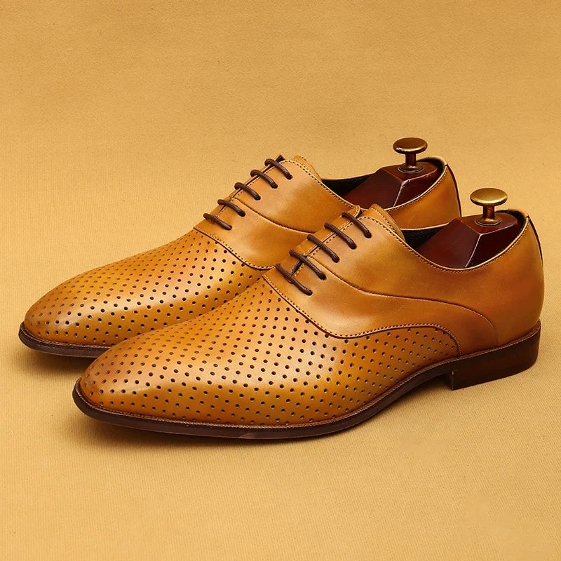 Men's Brown Genuine Leather Leather Shoes, Breathable, Cut-Out