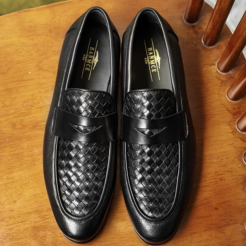 Men's Black Genuine Leather Loafers, Slip-On, Woven