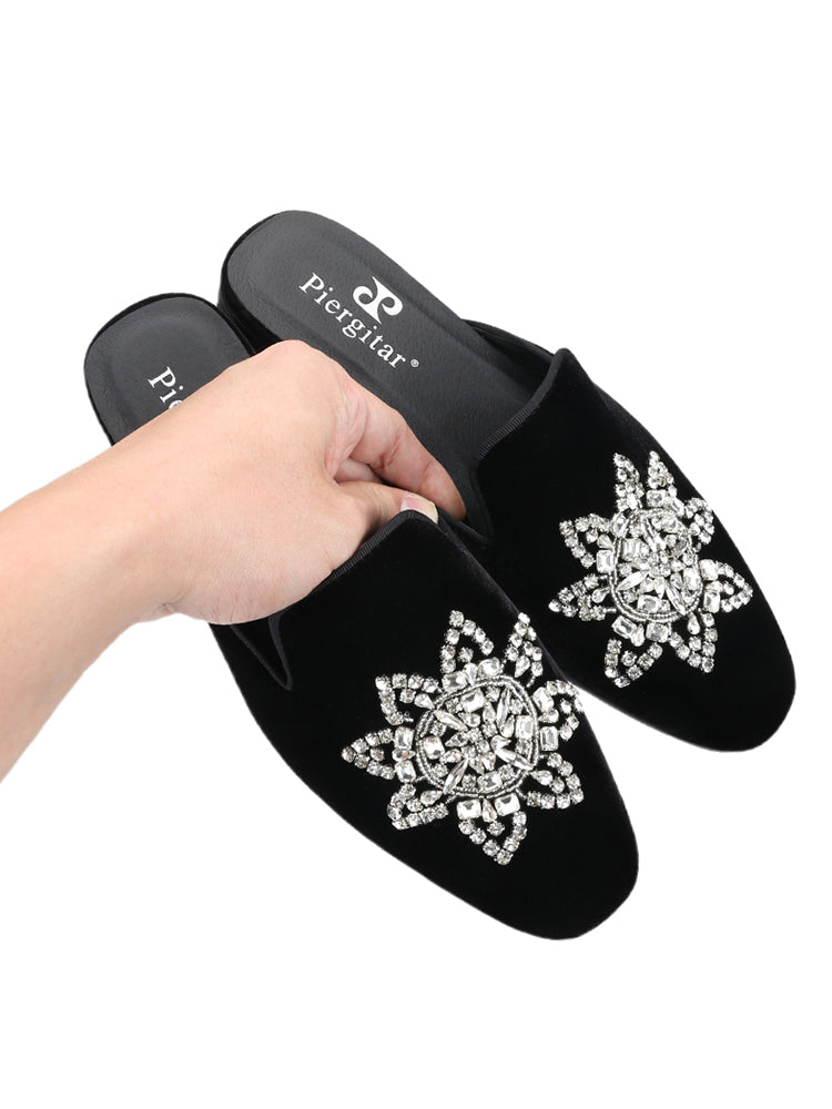 New imported velvet slippers for men, European and American fashion party banquets, rhinestone Mules, handmade trendy slippers