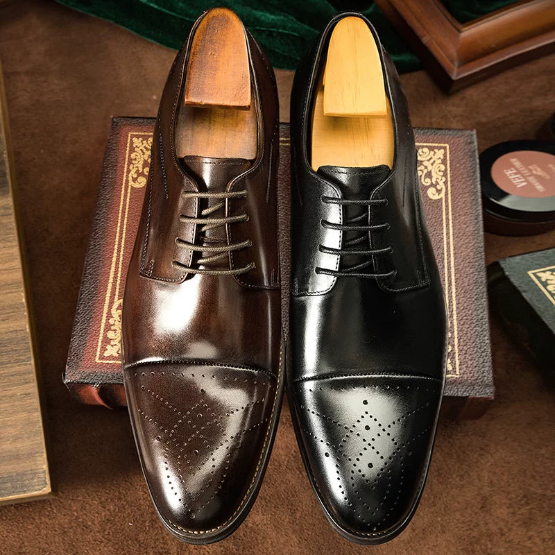 Men's Genuine Leather Derby Shoes, Pointed Toe, British Style