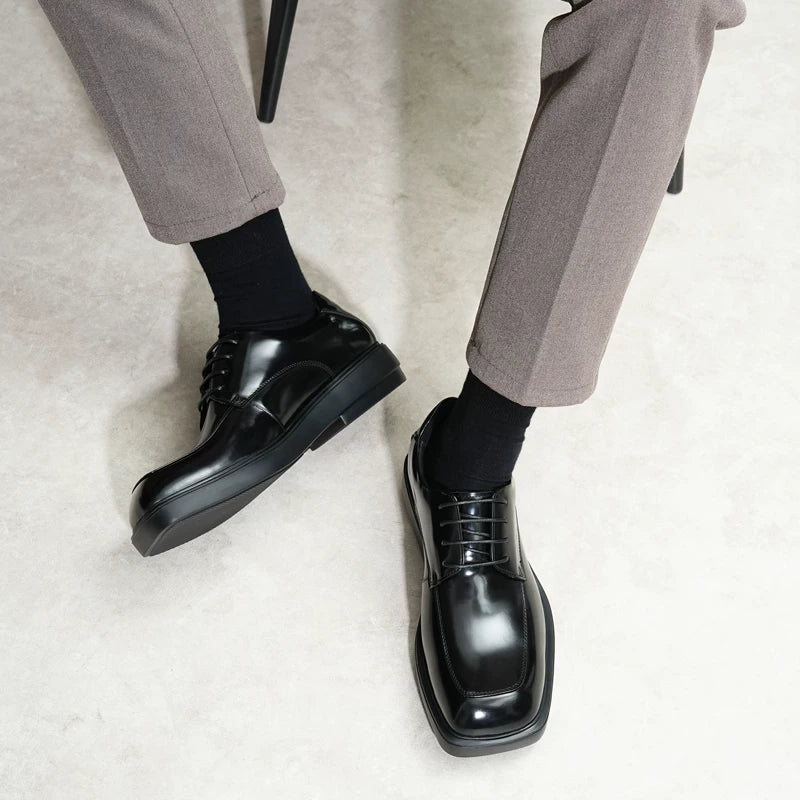 Men's Genuine Leather Derby Shoes, Square Toe, Glossy