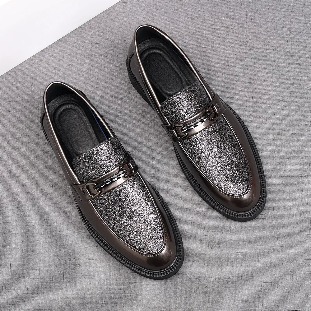 Men's Silver Loafers, Height Increasing, Pointed Toe