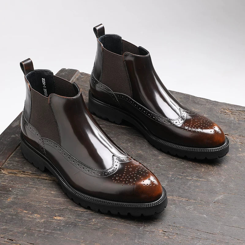 Men's Genuine Leather Chelsea Boots, Pointed Toe, Glossy