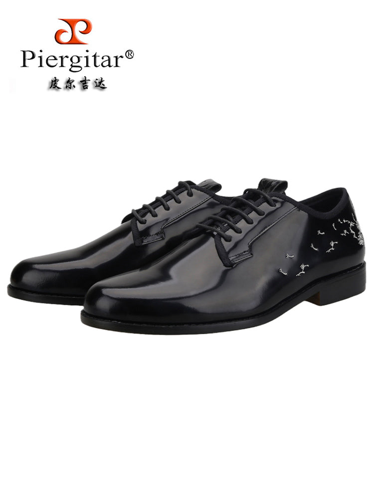 First-layer cowhide black polished leather lace-up casual leather shoes hand-embroidered European and American style round-toe shoes for men