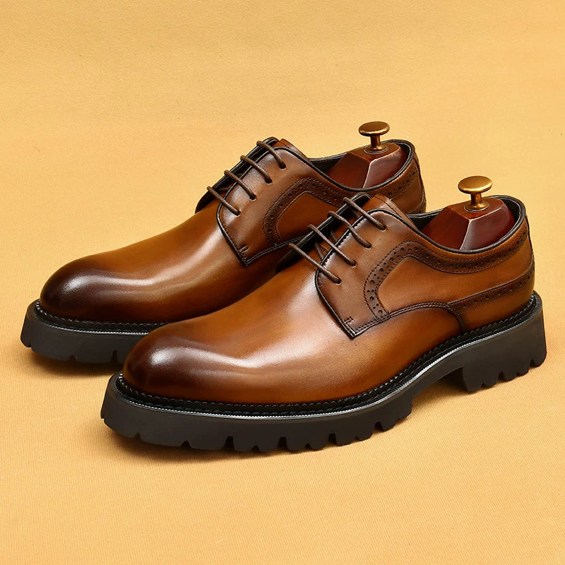 Men's Brown Genuine Leather Derby Shoes, Thick Sole, British Style