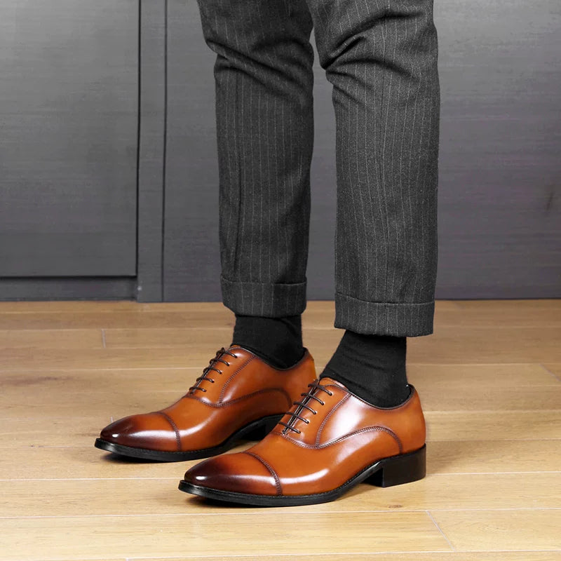 Men's Brown Genuine Leather Oxford Shoes, Height Increasing, Handmade