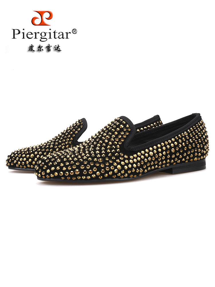 Handmade nubuck leather gold full diamond ladies slip-on loafers European and American style banquet party flats
