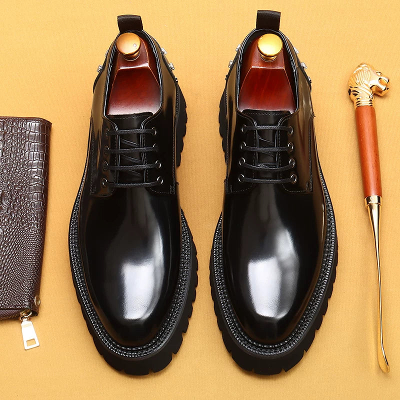 Men's Black Genuine Leather Leather Shoes, Height Increasing, Thick Sole
