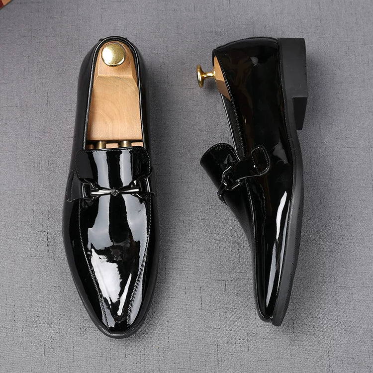 Men's White Patent Leather Loafers, Height Increasing, Pointed Toe
