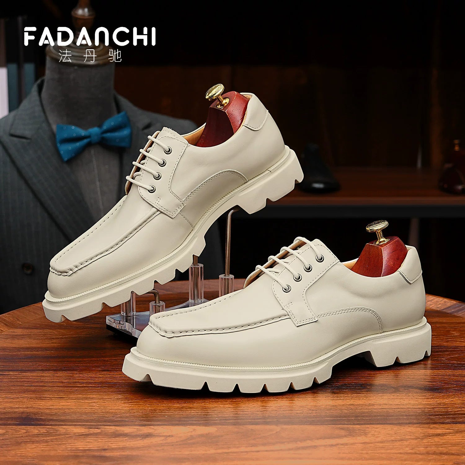 Men's White Genuine Leather Derby Shoes, Business, Formal