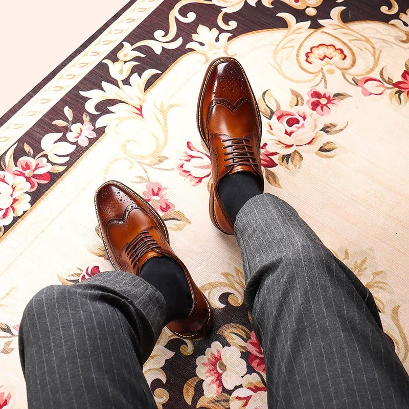 Men's Brown Genuine Leather Wedding Shoes, Height Increasing, British Style