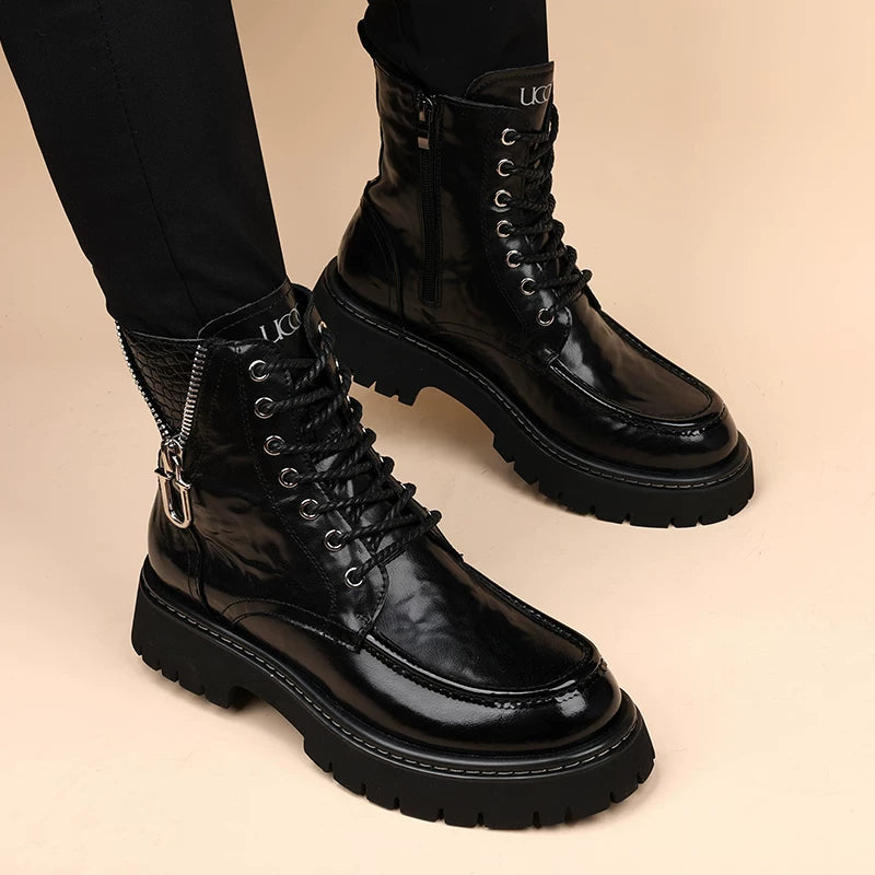 Men's Genuine Leather Martin Boots, Height Increasing, Soft Sole