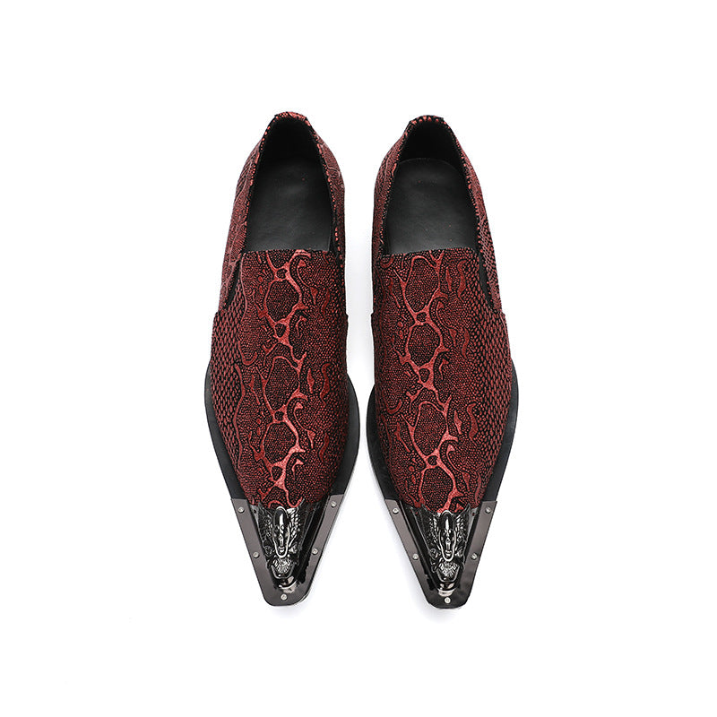 Men's Red Shoes – Pointed Toe, Crocodile Pattern – Style 69