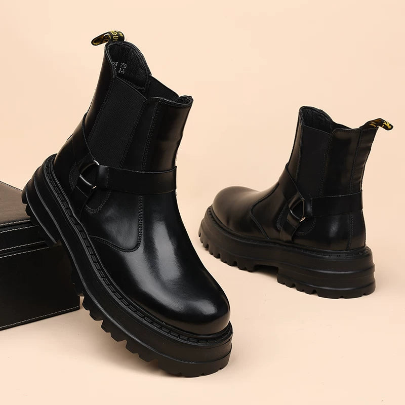 Men's Genuine Leather Martin Boots, Height Increasing, Thick Sole