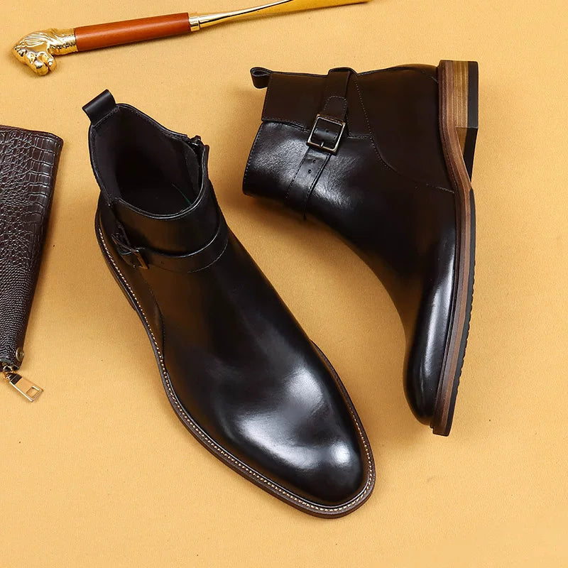 Men's Genuine Leather Martin Boots, Height Increasing, Thick Sole