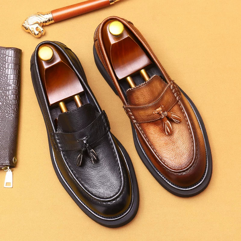 Men's Genuine Leather Loafers, Thick Sole, Slip-On