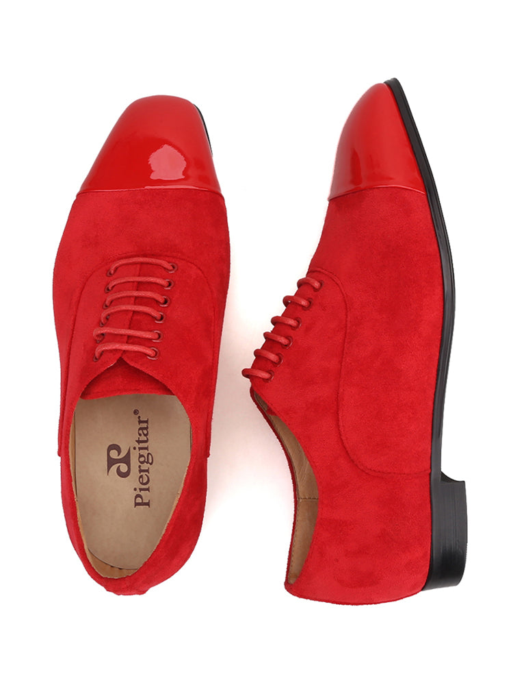 Red cow suede stitched patent leather toe men's lace-up square toe Oxford shoes European and American style fashionable wedding banquet formal shoes
