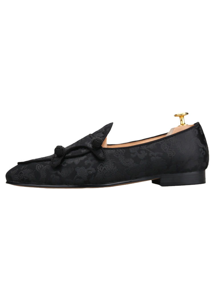 Chinese royal noble retro style dragon satin fabric men's slip-on loafers ball buckle smoking shoes for men