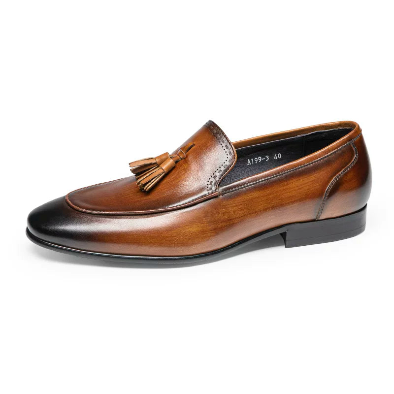 Men's Brown Genuine Leather Loafers, Slip-On, British Style
