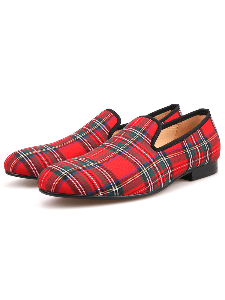 Handmade breathable leather-lined men's shoes, fashionable smoking shoes, European style Scottish plaid loafers