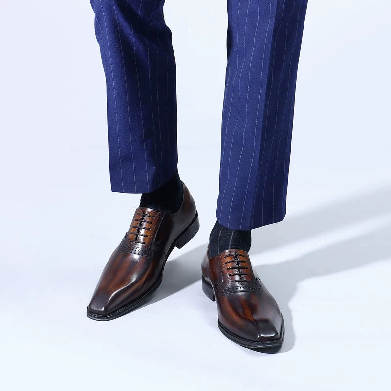 Men's Brown Genuine Leather Oxford Shoes, Pointed Toe, British Style