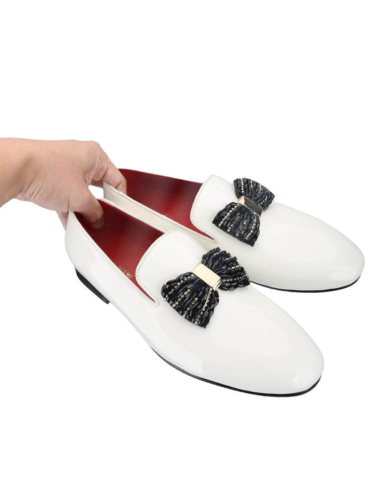 European and American banquet style handmade patent leather loafers with rhinestone bows for men's party formal shoes with genuine leather lining