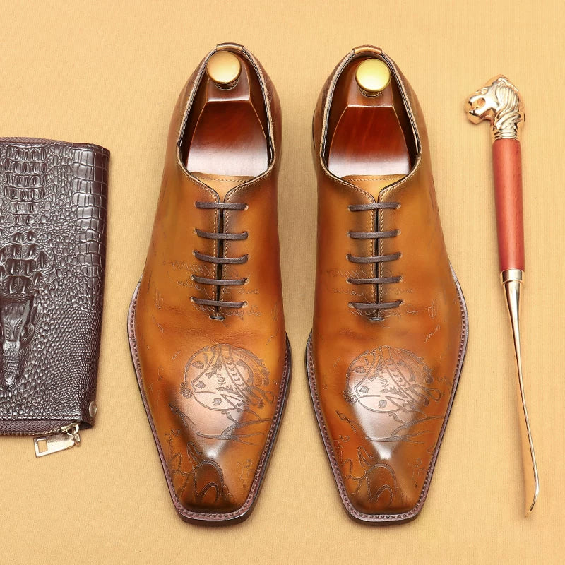 Men's Brown Genuine Leather Oxford Shoes, Square Toe, British Style