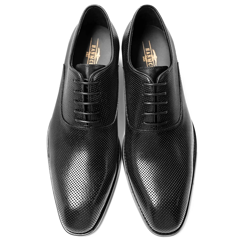 Men's Black Genuine Leather Oxford Shoes, Breathable, Cut-Out
