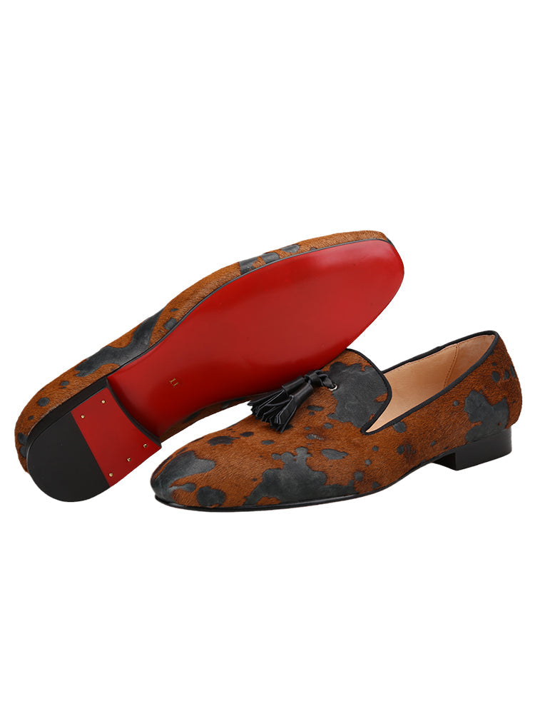 New brown and black horse-haired men's loafers exported to Europe and the United States small square toe tassel smoking shoes red sole shoes