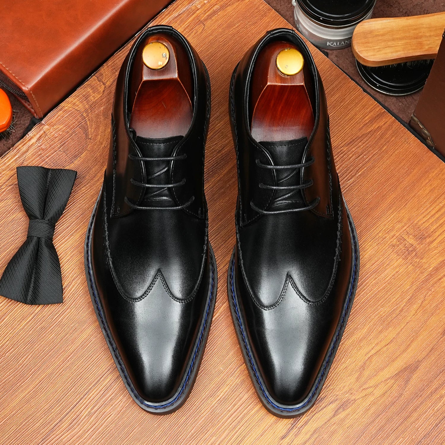 Men's Black Genuine Leather Derby Shoes, Pointed Toe, Business