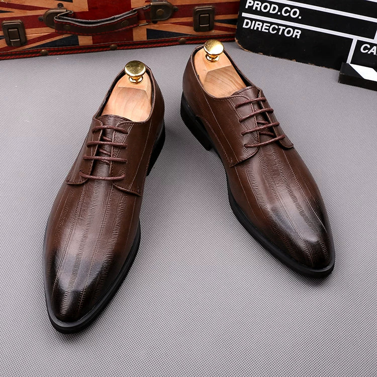 Men's Brown Leather Shoes, Height Increasing, Pointed Toe