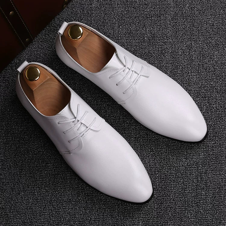 Men's White Leather Shoes, Breathable, Pointed Toe