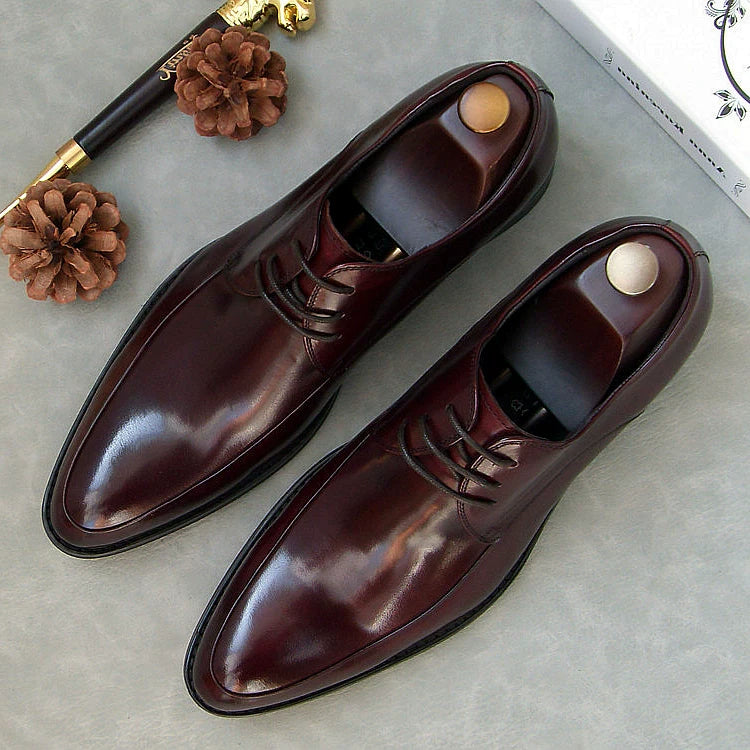 Men's Genuine Leather Wedding Shoes, Pointed Toe, Lace-Up