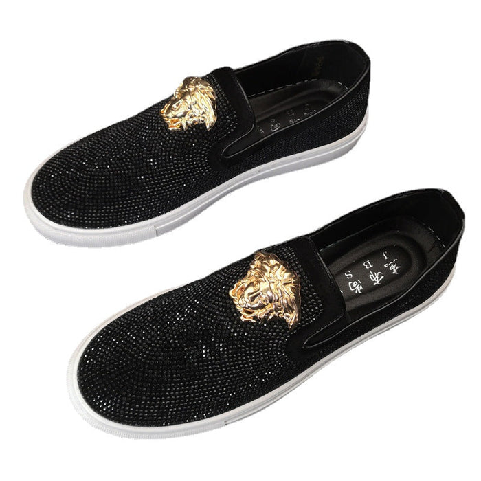 European station hip-hop men's loafers with one pedal and lazy shoes, fashion overshoes, rhinestones and nightclubs, hip-hop men's shoes.(P)