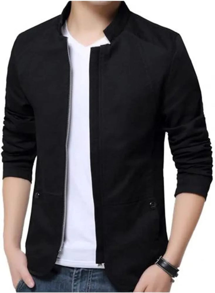 Casual Men's Jacket Spring Autumn Solid Color Stand Collar Zipper Pocket Thin Slim Fit Blazer