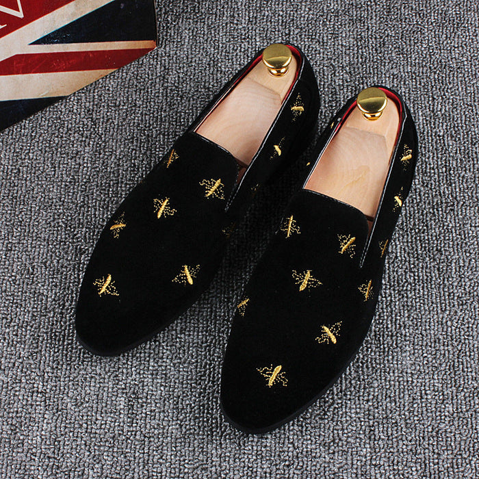 Men's Korean version of pointed leather shoes trend embroidered small bee feet raised bean shoes frosted inside lazy casual shoes(P)