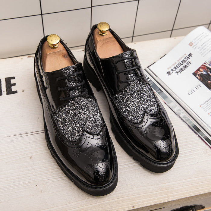 24 summer shiny leather shoes Korean trend sequined men's shoes with thick soles increased Brock black men's shoes(P)