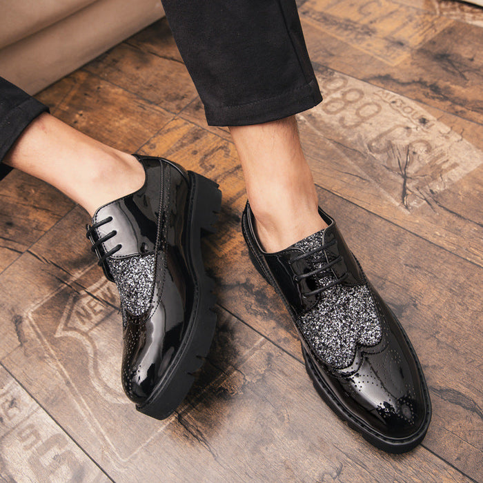 24 summer shiny leather shoes Korean trend sequined men's shoes with thick soles increased Brock black men's shoes(P)