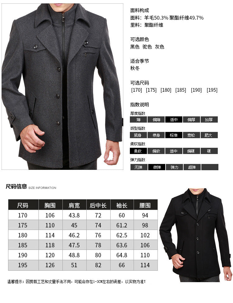 Autumn and winter new thickened woolen coat men's coat medium and long men's woolen trench coat business middle-aged men's clothing