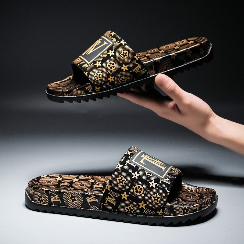 2020 summer new leisure antiskid super light European large limited edition gold men's one word slipper hair substitute