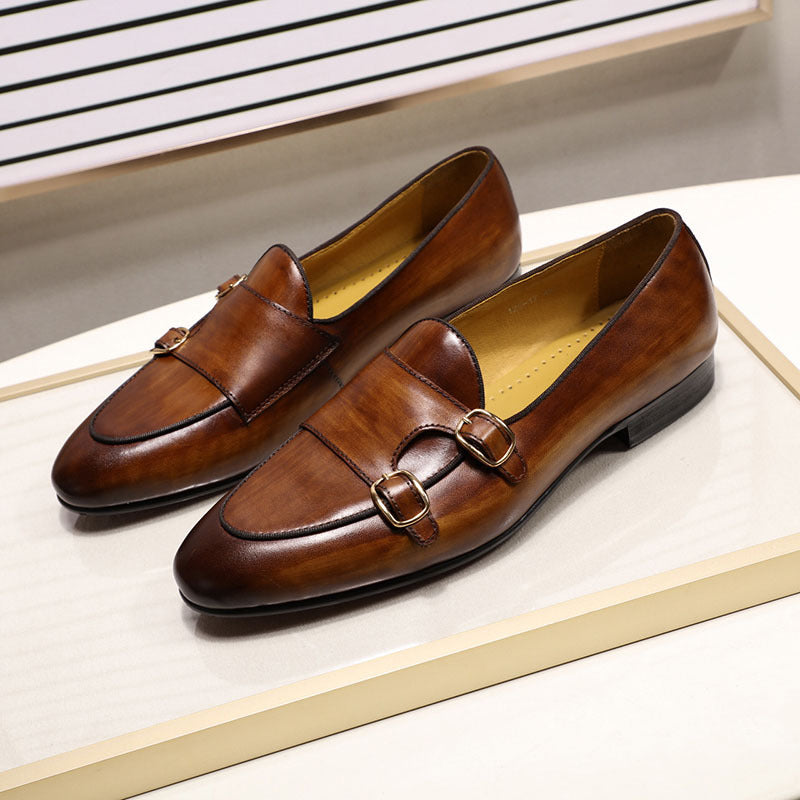 Popular Monk Strap Double Buckle Casual Men's Shoes Top Layer Cowhide Men's Leather Shoes Slip-on Mengke Monk Shoe