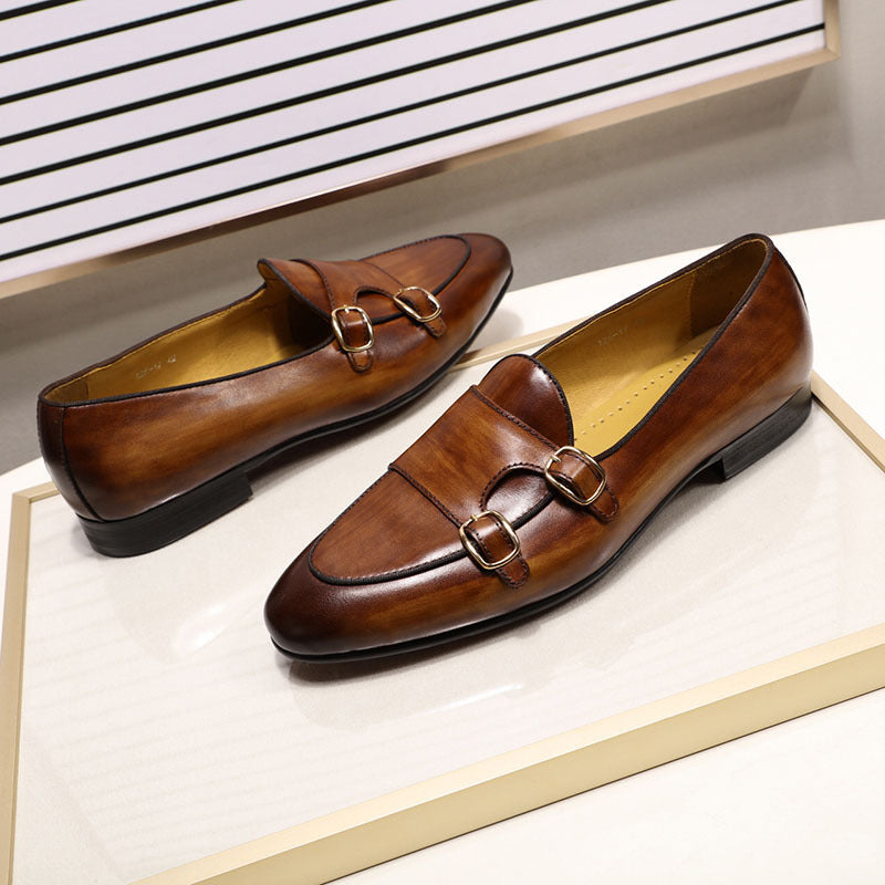 Popular Monk Strap Double Buckle Casual Men's Shoes Top Layer Cowhide Men's Leather Shoes Slip-on Mengke Monk Shoe