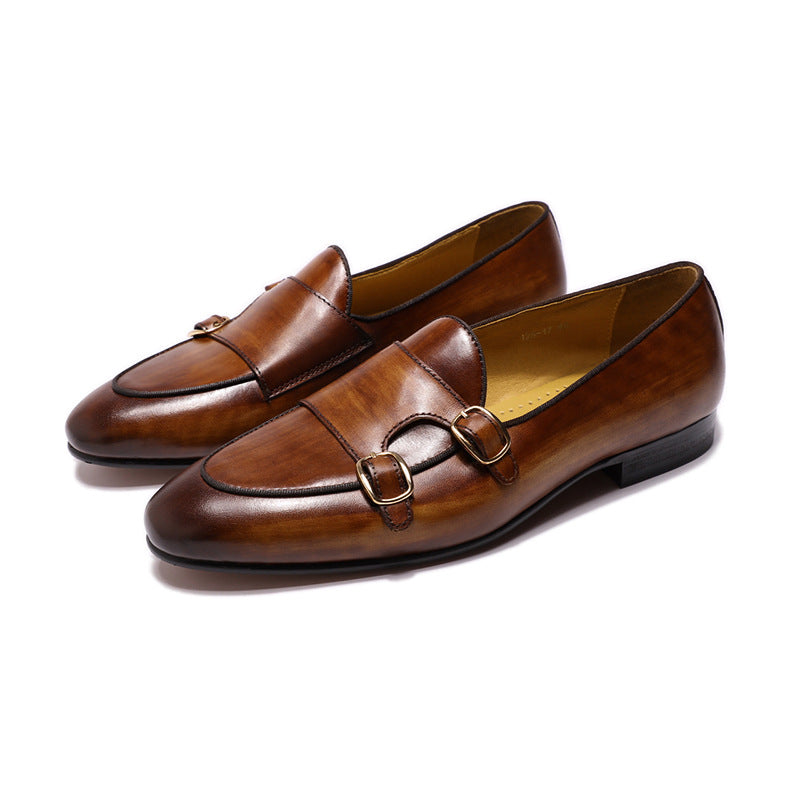 Popular Monk Strap Double Buckle Casual Men's Shoes Top Layer Cowhide Men's Leather Shoes Slip-on Mengke Monk Shoe