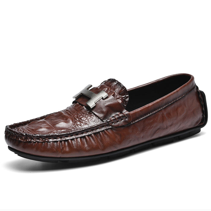 Spring and summer live broadcast popular crocodile pattern beanie shoes one-legged lazy driving shoes British casual men's leather shoes genuine leather(P)